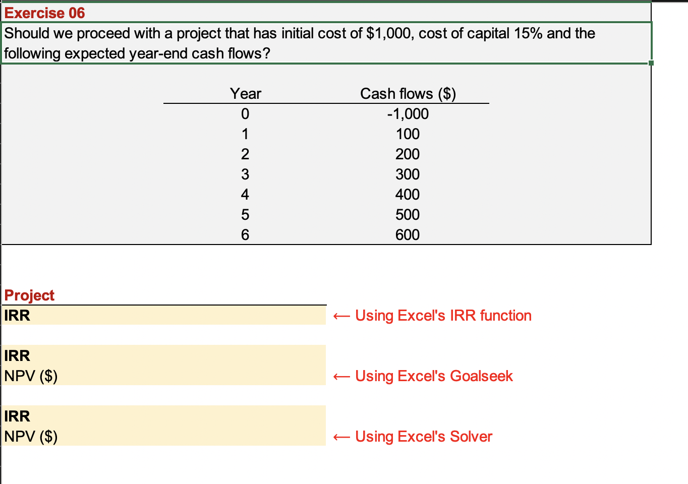  please show formula Exercise 06 Should we proceed with a project