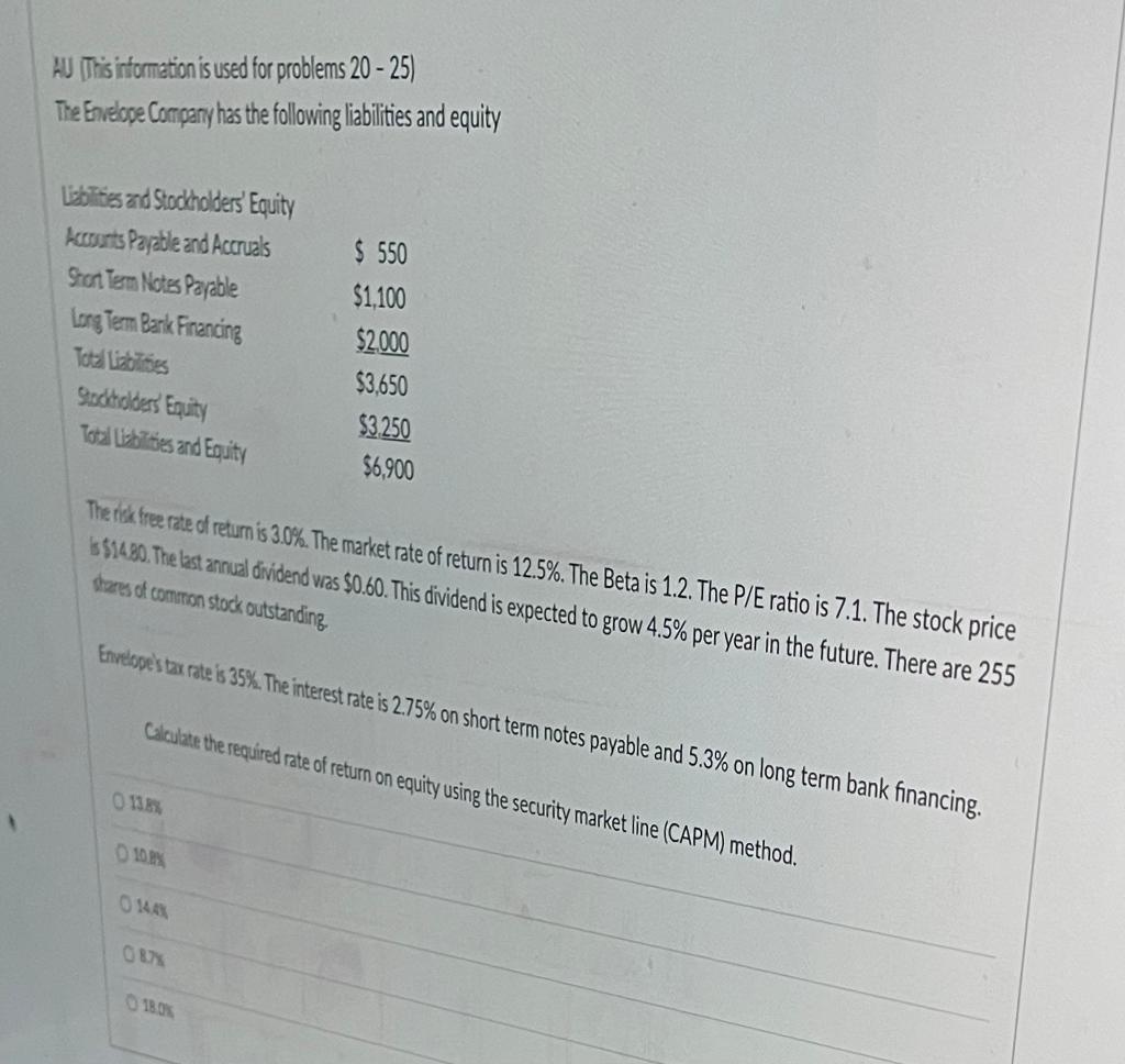  AU (This information is used for problems 20 - 25) The