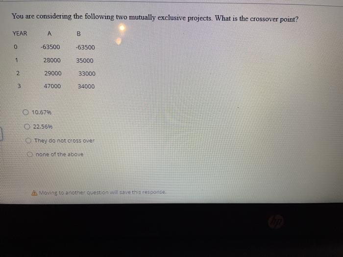  You are considering the following two mutually exclusive projects. What is