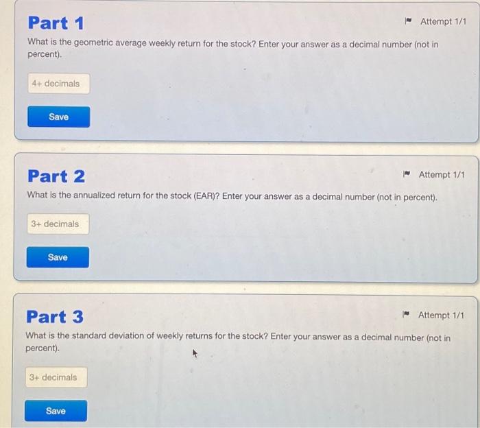 shows historical end-of-week adjusted close prices (including dividends) for a stock and