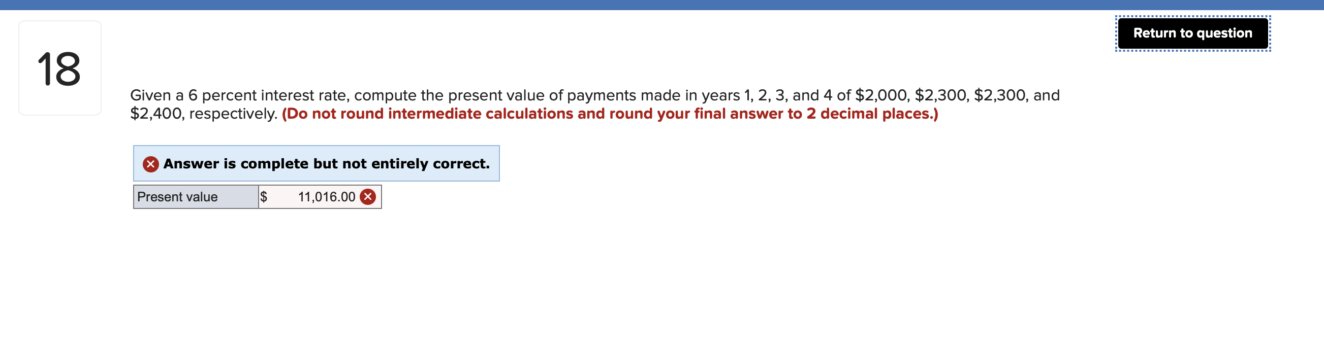 Given a 6 percent interest rate, compute the present value of payments