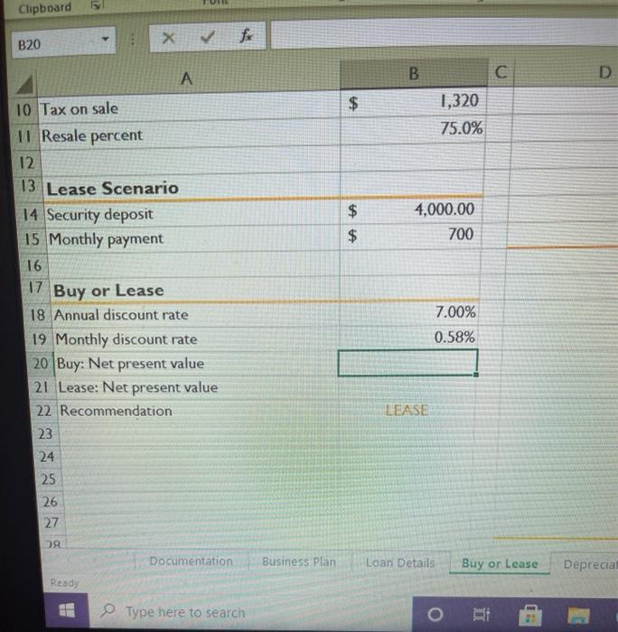  In cell B20, enter a formula that adds the initial investment