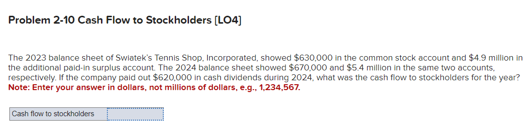  Problem 2-10 Cash Flow to Stockholders [LO4] The 2023 balance sheet