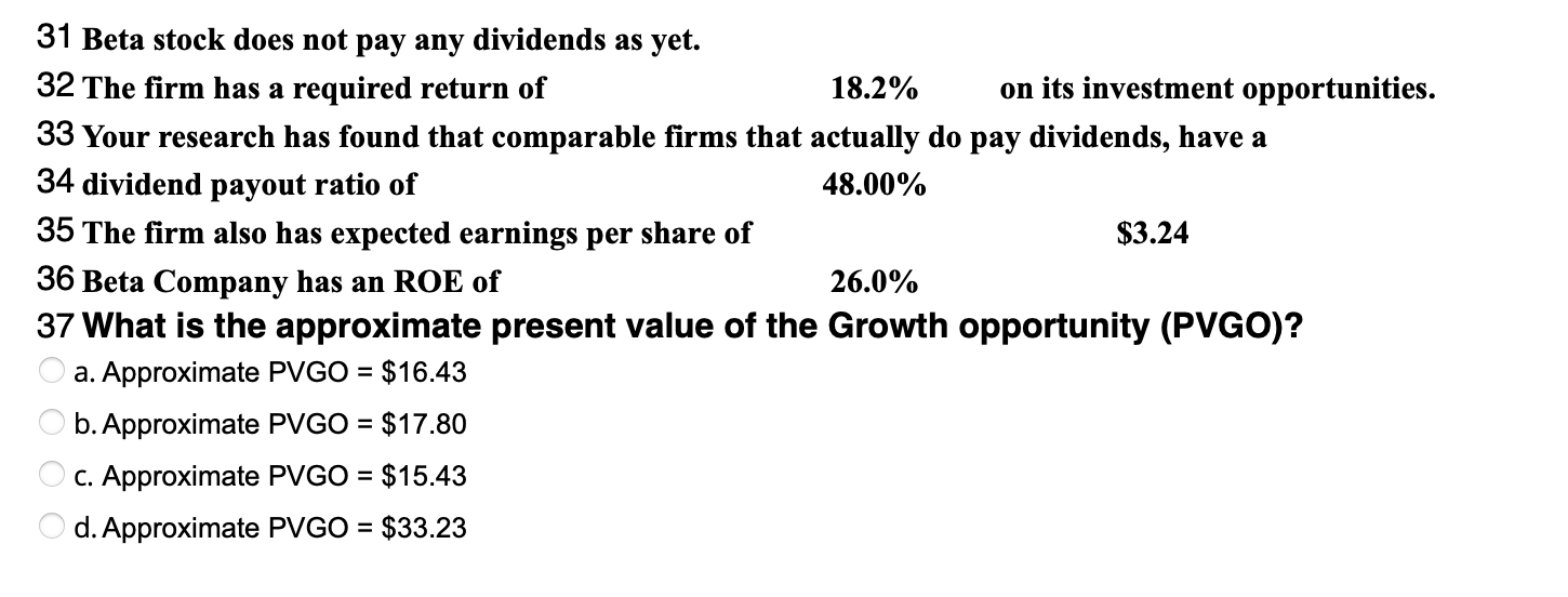 31 Beta stock does not pay any dividends as yet. 32