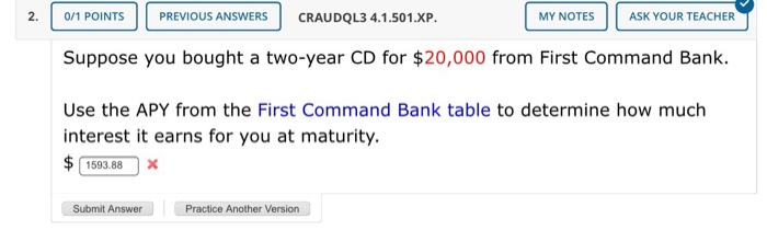  0/1 POINTS PREVIOUS ANSWERS CRAUDQL3 4.1.501.XP. MY NOTES ASK YOUR TEACHER
