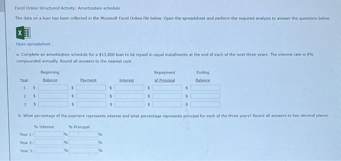  Excel Online Structured Activity: Amortization schedule The data on a loan