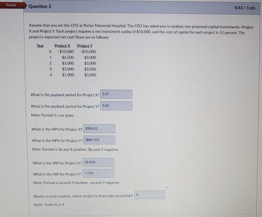  Partial Question 2 0.43 / 1 pts Assume that you are