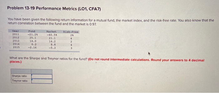  Problem 13-19 Performance Metrics (L01, CFA7) You have been given the