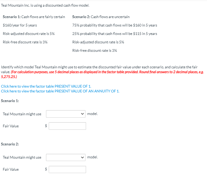  Teal Mountain Inc. is using a discounted cash flow model. Scenario