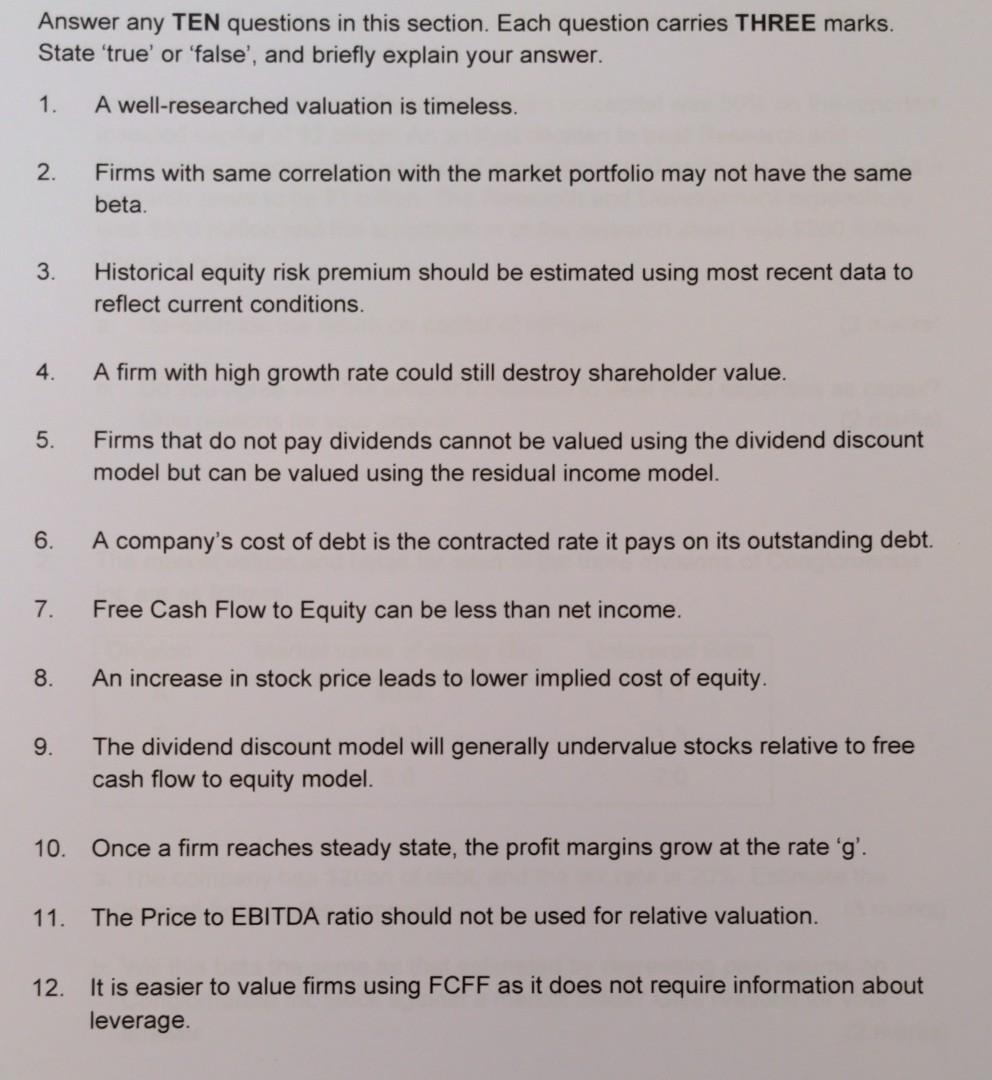 Answer any TEN questions in this section. Each question carries THREE