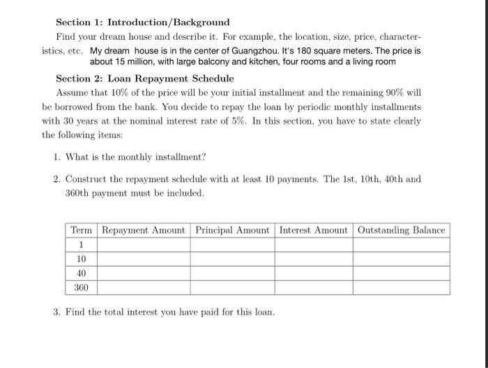please do the section 3 Section 1: Introduction/Background Find your dream
