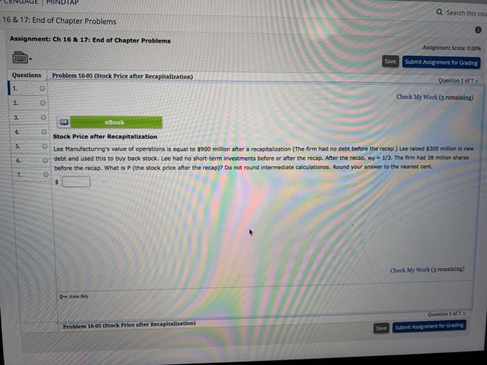  Search this cou 16 & 17: End of Chapter Problems Assignment: