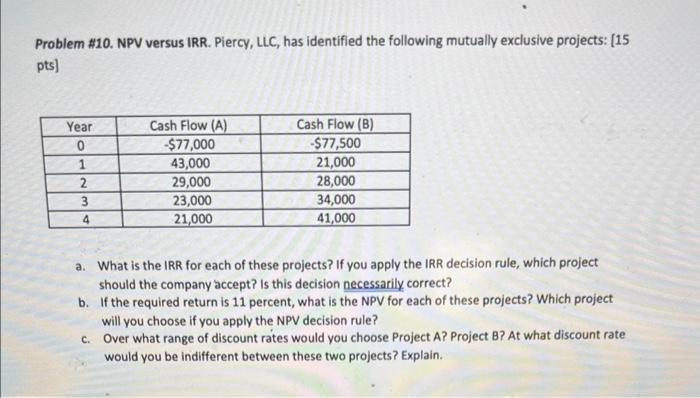 please show calculations NOT using excel Problem \#10. NPV versus IRR. Piercy,