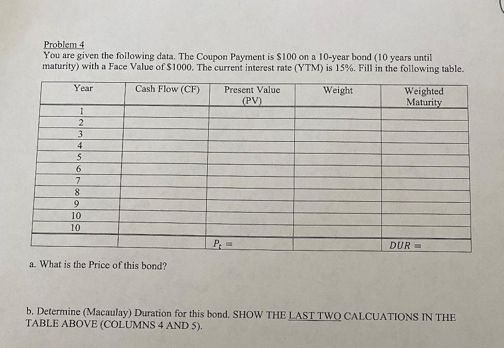  Problem 4 You are given the following data. The Coupon Payment
