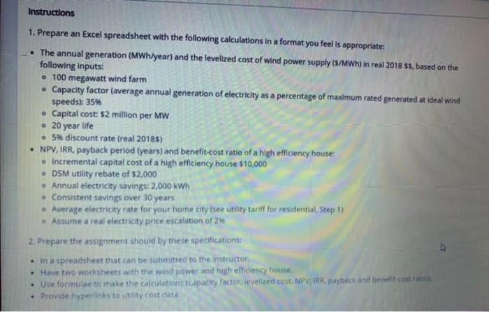  Instructions . 1. Prepare an Excel spreadsheet with the following calculations