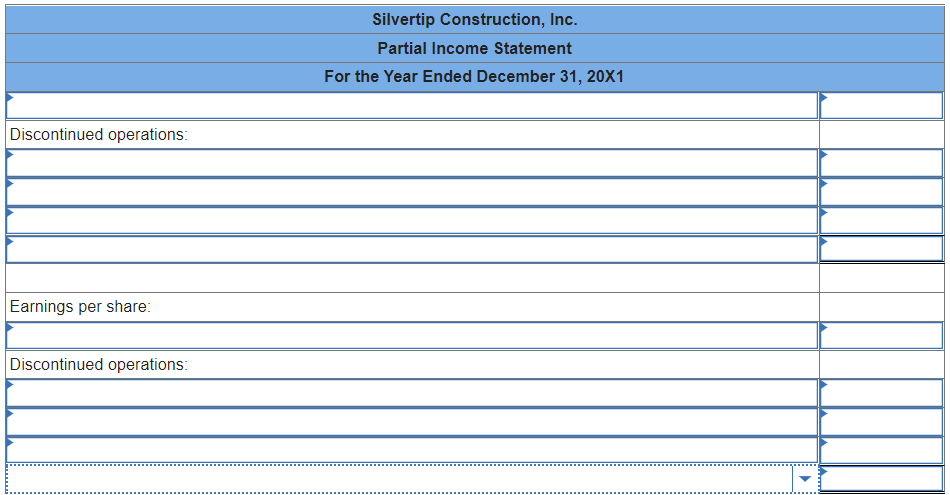 table structure Thanks in advance For 20X1, Silvertip Construction, Inc., reported income