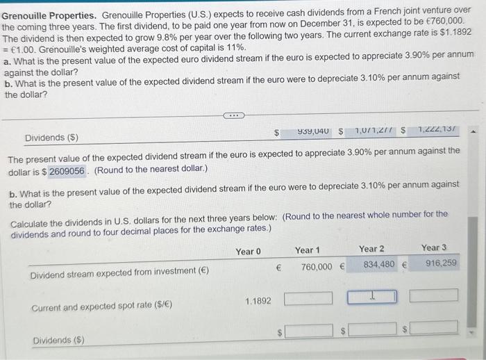 please answer question b. Grenouille Properties. Grenouille Properties (U.S.) expects to receive