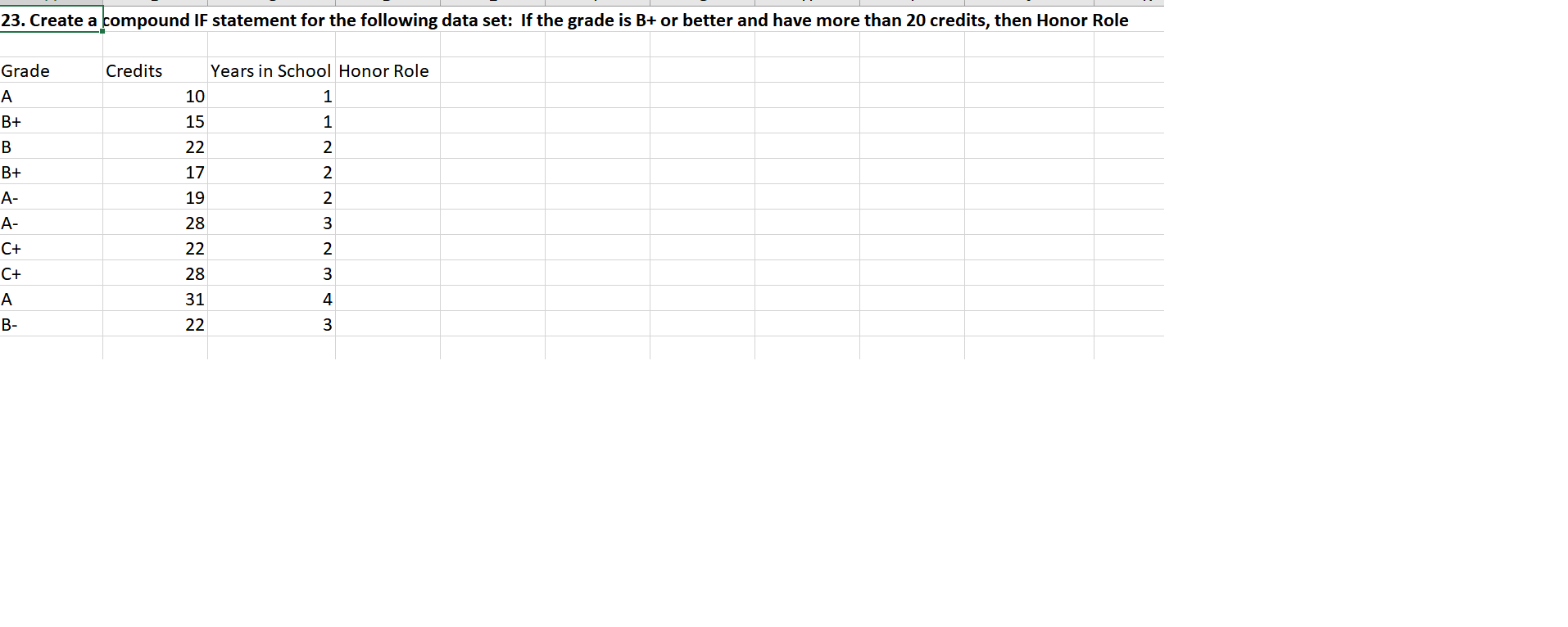  Create a compound IF statement for the following data set: If