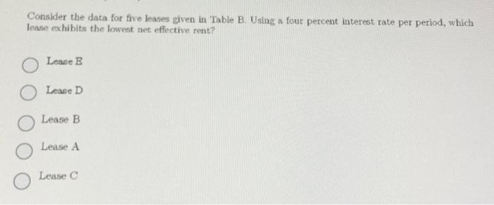  Consider the data for five leases given in Table B. Using