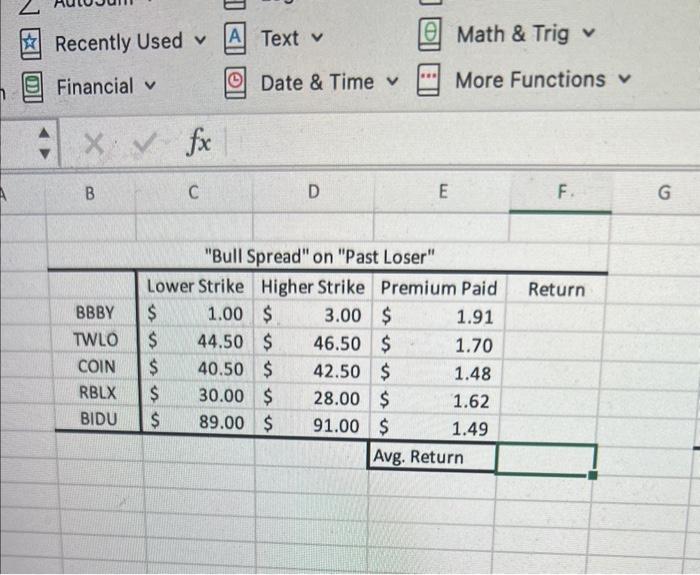  please calculate return for each Recently Used A Text Math \&