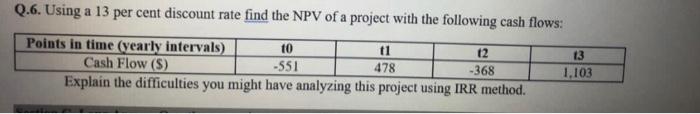  Q.6. Using a 13 per cent discount rate find the NPV