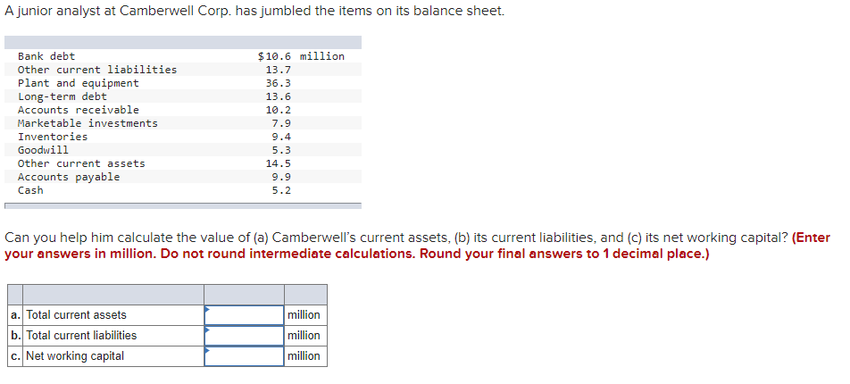  A junior analyst at Camberwell Corp. has jumbled the items on