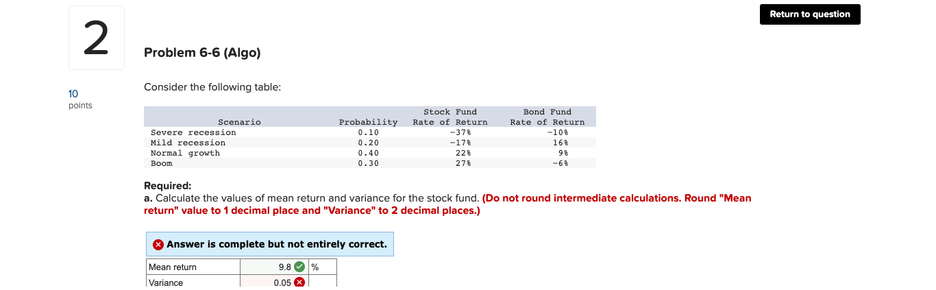 Return to question 2 Problem 6-6 (Algo) Consider the following table: