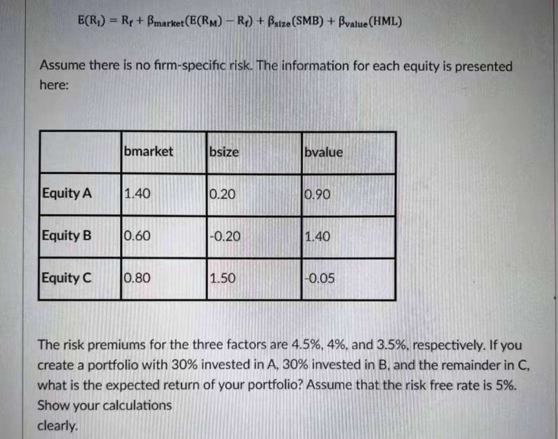  E(R) = Rp + Bmarket(E(RM) - Rd) + Bsize (SMB) +