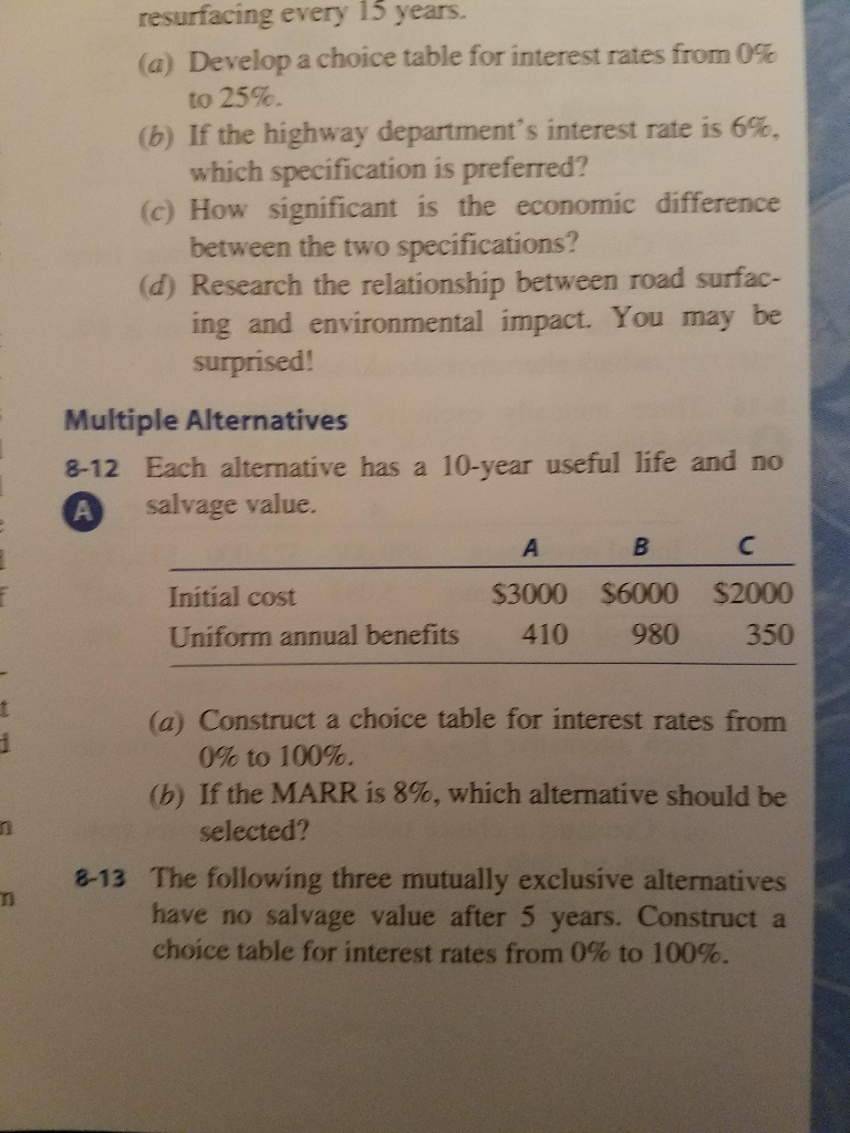 Question 8-12 resurfacing every 15 years. (a) Develop a choice table