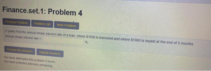  Finance.set.1: Problem 4 Previous Problem Problem List Next Problem (1 point)