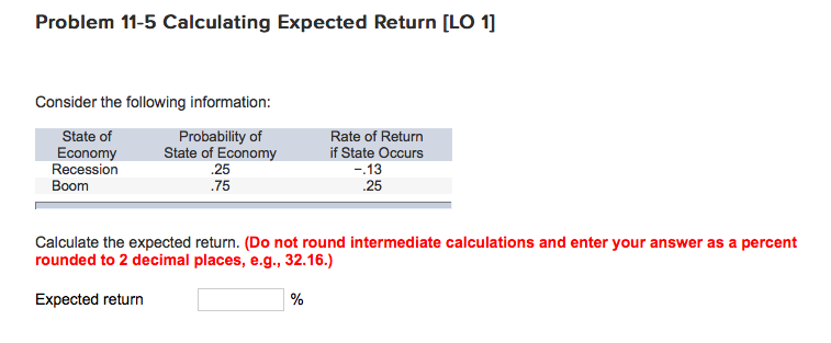  Problem 11-5 Calculating Expected Return [LO 1] Consider the following information: