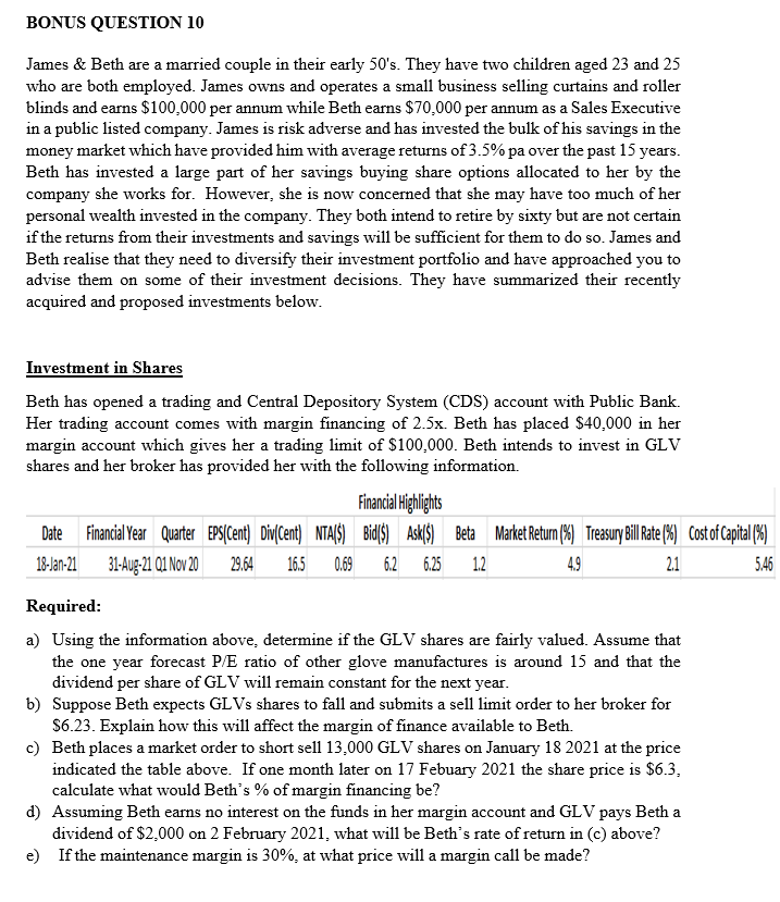  BONUS QUESTION 10 James & Beth are a married couple in
