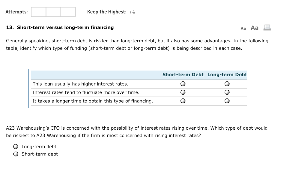 Keep the Highest: /4 Attempts 13. Short-term versus long-term financing Generally
