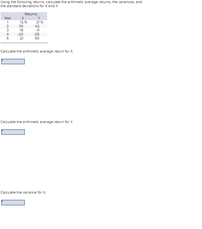 Using the following returns, calculate the arithmetic average returns, the variances,