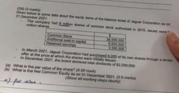  (06) (3 marks) Given below is some data about the equity