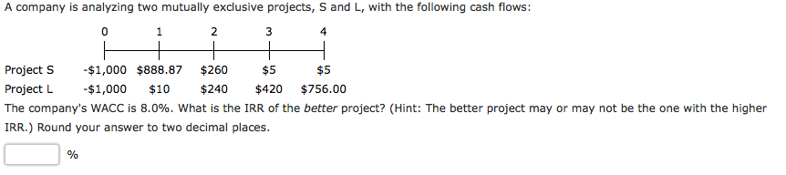  A company is analyzing two mutually exclusive projects, S and L,