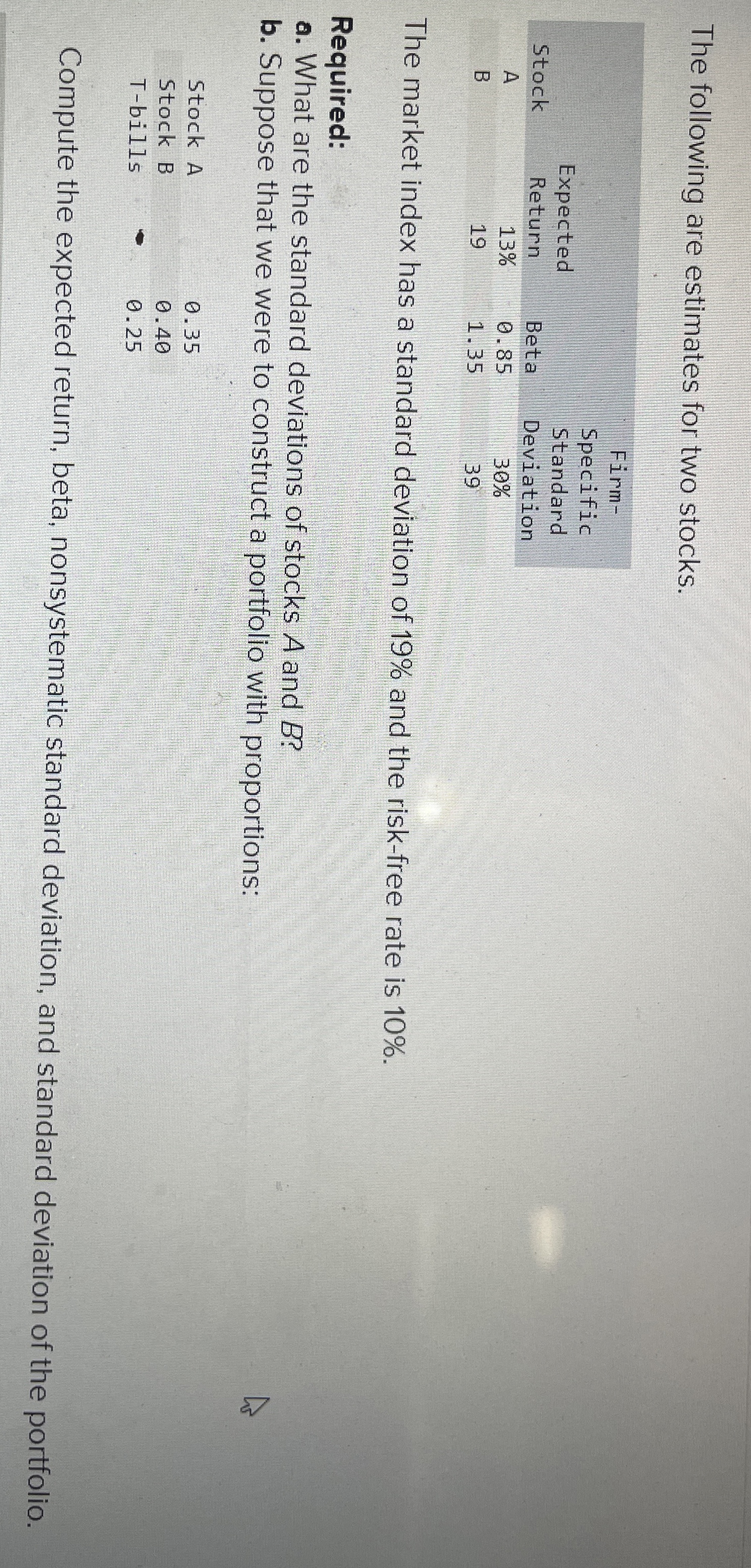  The following are estimates for two stocks. \table[[Stock,\table[[Expected],[Return]],Beta,\table[[Firm-],[Specific],[Standard],[Deviation]]],[A,13%,0.85,30%] B,19%,1.35,39%]the market index