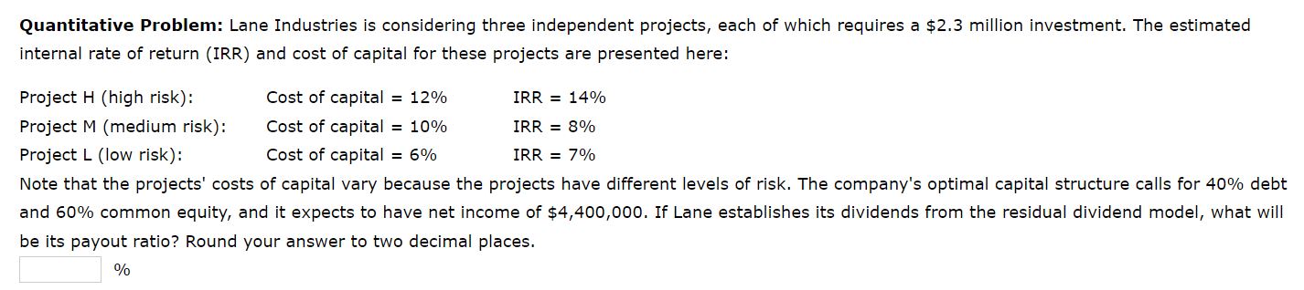 Quantitative Problem: Lane Industries is considering three independent projects, each of
