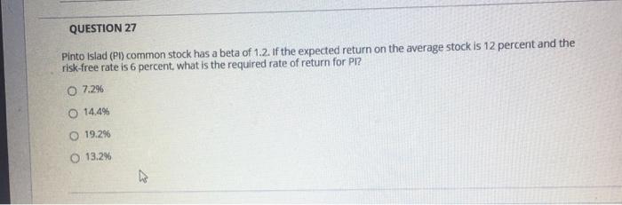  QUESTION 27 Pinto Isla (PI) common stock has a beta of