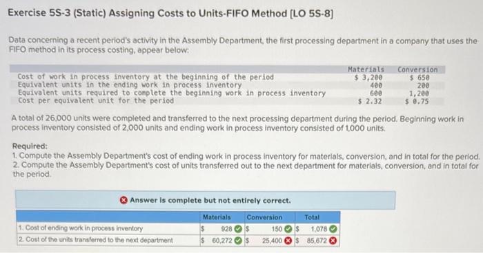 help please Exercise 5S-3 (Static) Assigning Costs to Units-FIFO Method [LO 5S-8]