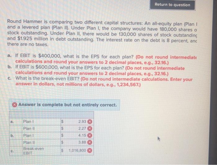 Return to question Round Hammer is comparing two different capital structures: