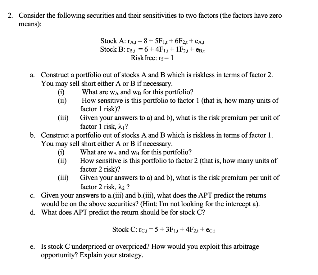 Please answer 2E thank you 2. Consider the following securities and their