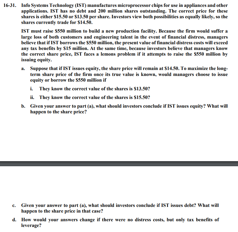 a 16-31. Info Systems Technology (IST) manufactures microprocessor chips for use