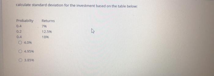 solve it fast calculate standard deviation for the investment based on the