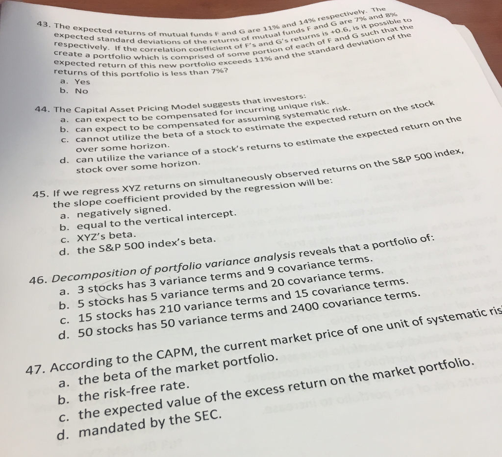  The e expected standard deviations of the ret The expected returns