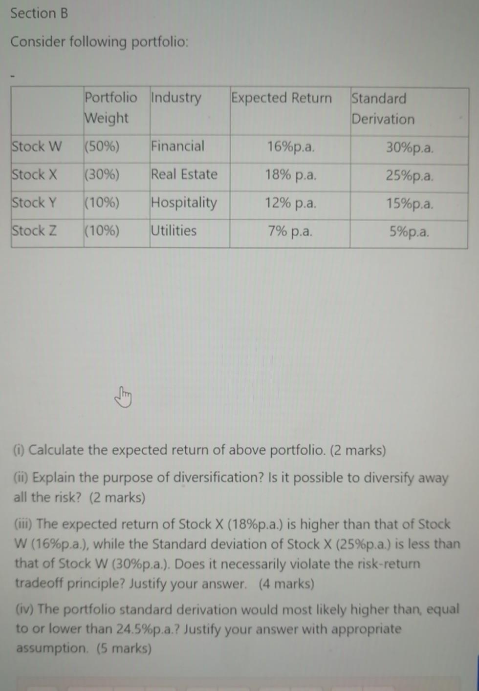 Section B Consider following portfolio: Expected Return Portfolio Industry Weight (50%)