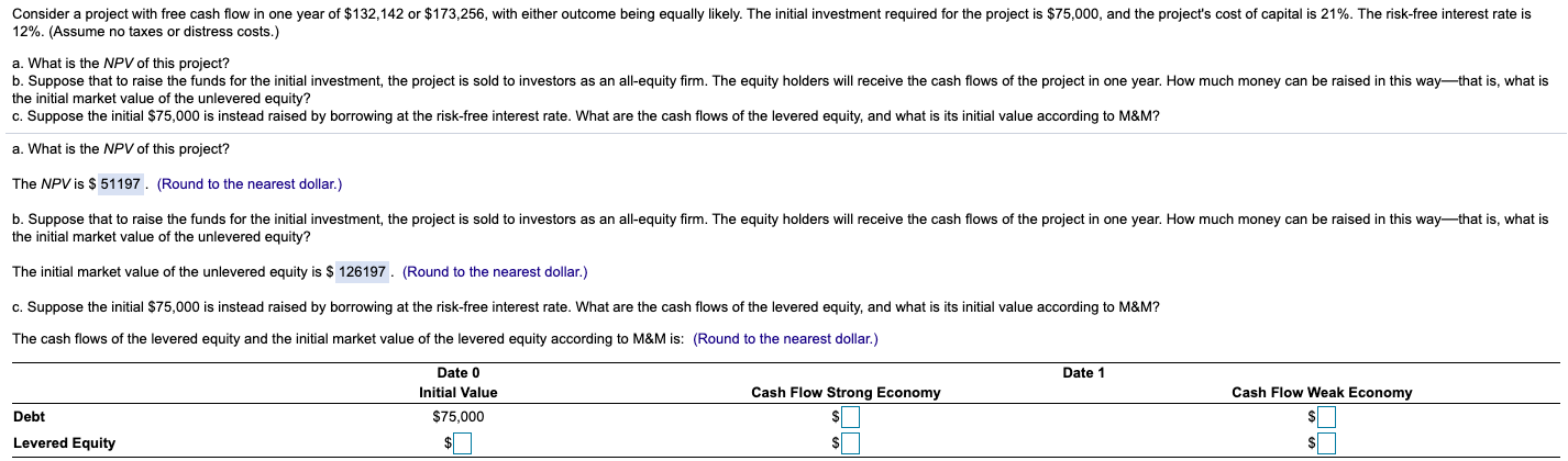 PLEASE FILL IN THE CHART Consider a project with free cash flow