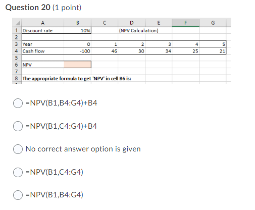Question 20 (1 point) F G 0 B D E 1