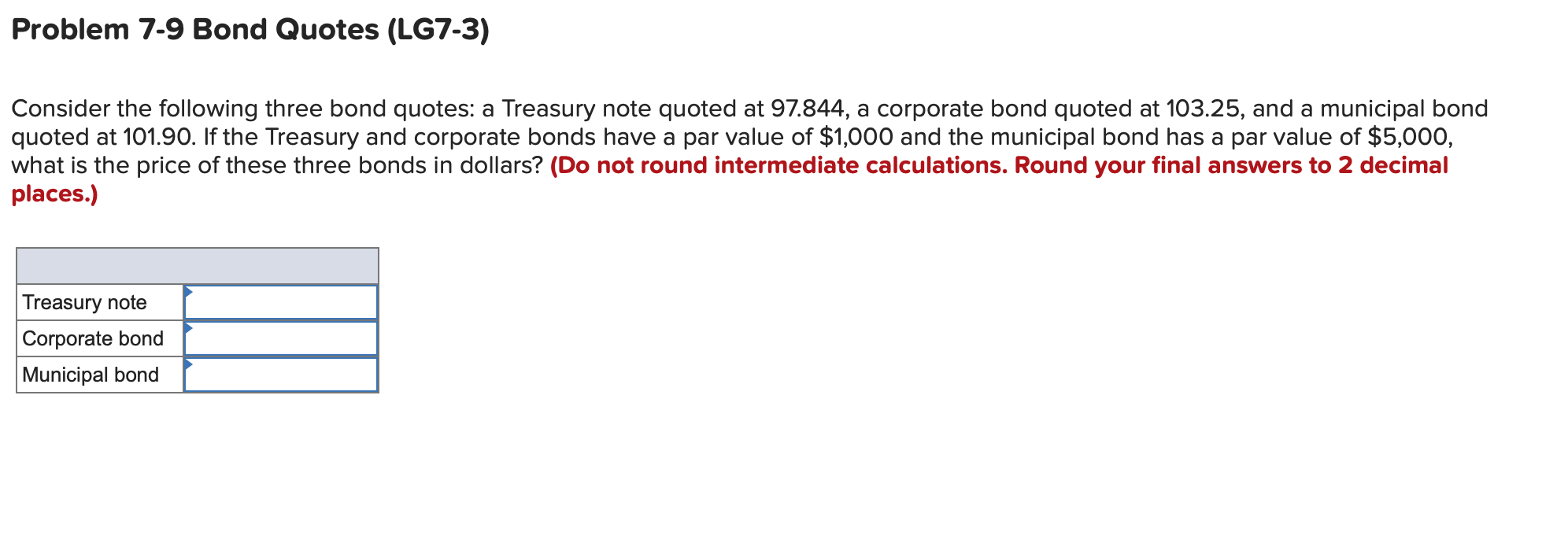 a Treasury bond quoted at 106.438, a corporate bond quoted at 96.55,