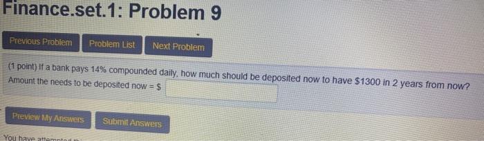  Finance.set. 1: Problem 9 Previous Problem Problem List Next Problem (1